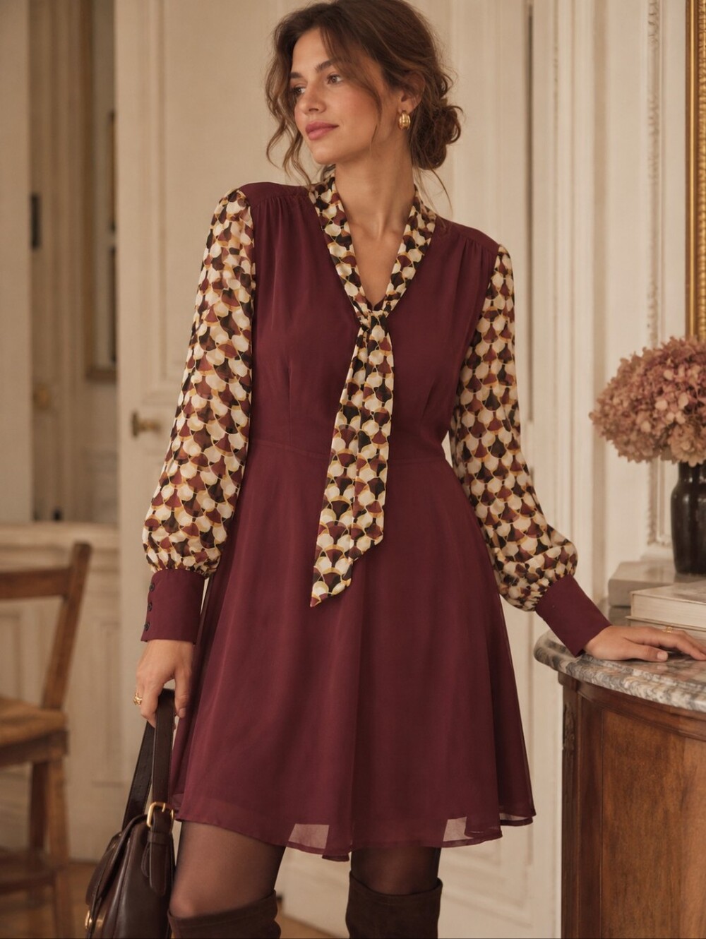 Burgundy Long-Sleeve Tie-Neck Dress Printed Sleeves Academia Officewear